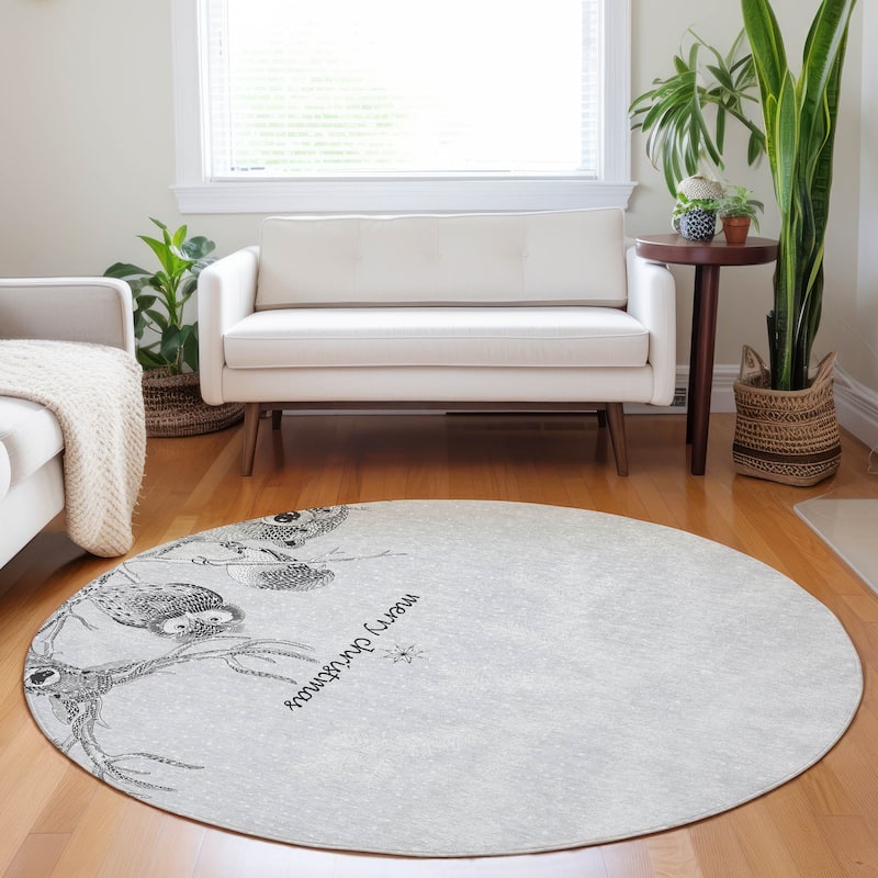 Premium Washable Super Soft Merry Christmas Animal Mayfield Rug - Grey - 8' x 8' - Round