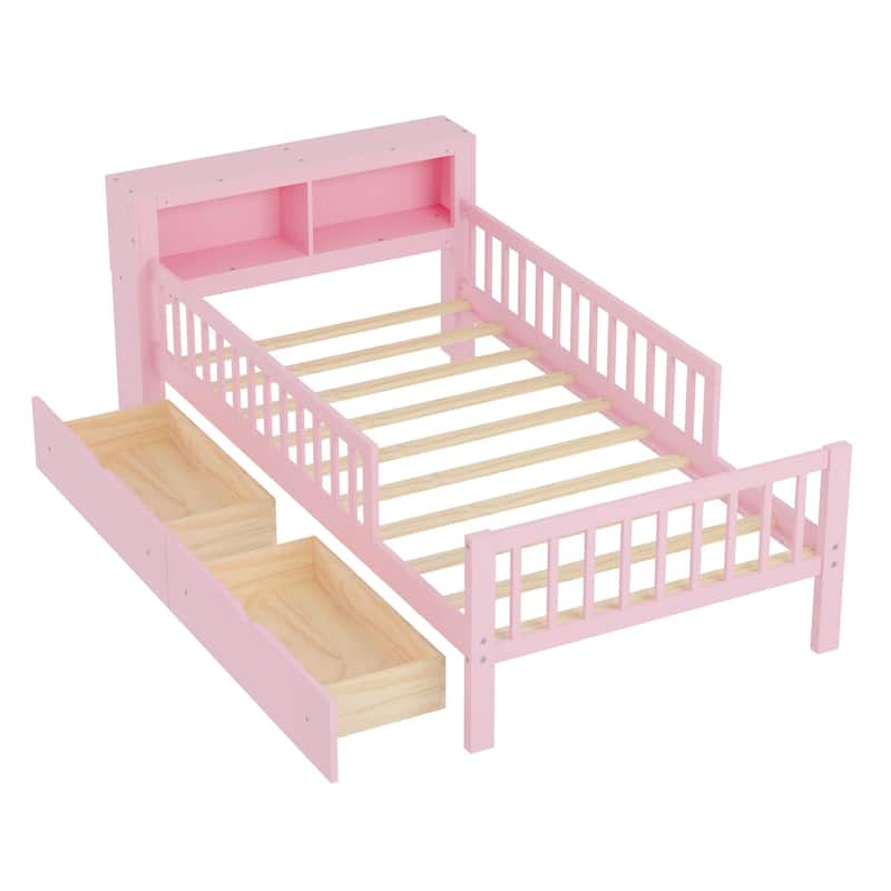 Twin Size Wood Kids Storage Platform Bed Frame with Drawers, Guardrail