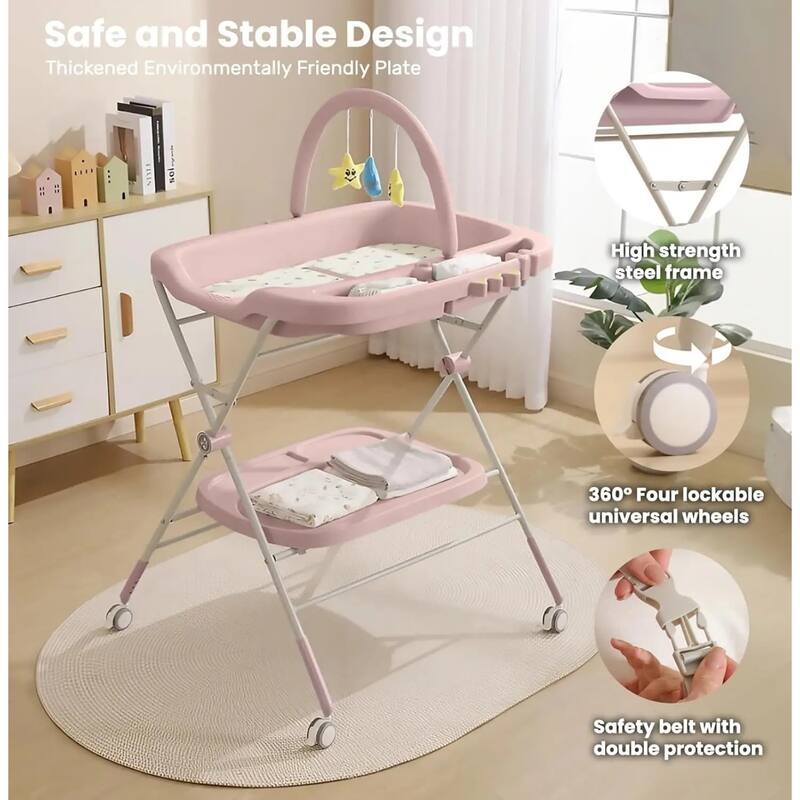 Adjustable Height Portable Folding Baby Diaper Changing Station with Wheels and Steel Pipe Frame