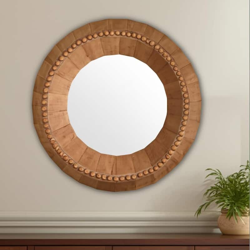 HomeRoots 30" Brown Solid Wood Faceted And Beaded Round Framed Accent Mirror - 29.92 in. x 29.92 in. x 4.13 in. - 29.92 in. x 29.92 in.  x 4.13 in.