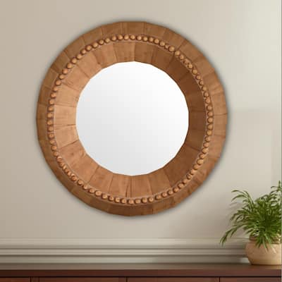 HomeRoots 30" Brown Solid Wood Faceted And Beaded Round Framed Accent Mirror - 29.92 in. x 29.92 in. x 4.13 in.
