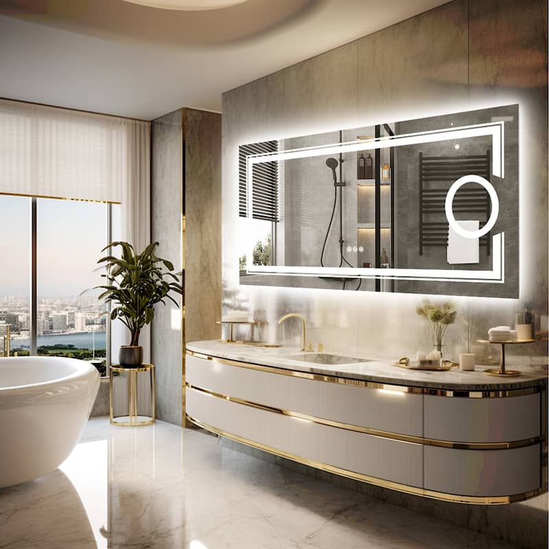 LED Lighted Smart Bathroom Mirror 3X Light Magnifier Dimmable Anti-Fog - 48x24 inch