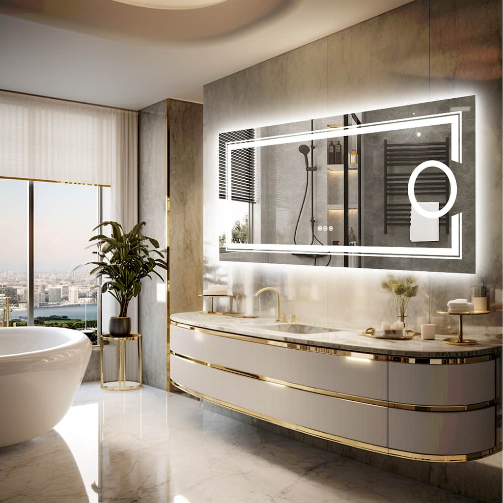 LED Lighted Smart Bathroom Mirror 3X Light Magnifier Dimmable Anti-Fog - 48x24 inch