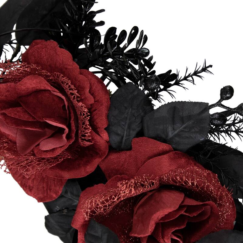 Roses with Mixed Foliage Halloween Wreath - 22" - Red and Gold - Unlit