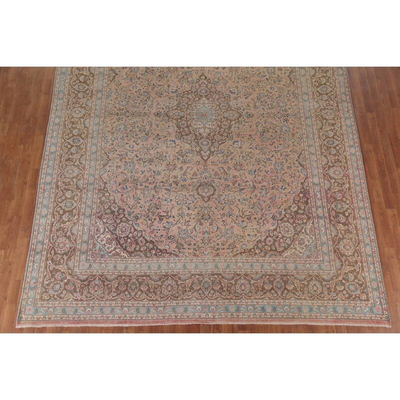 Hand Knotted Oriental 100% Wool Carpet Traditional Floral Peach Mashad Area Rug - 12' 6'' X 9' 7''