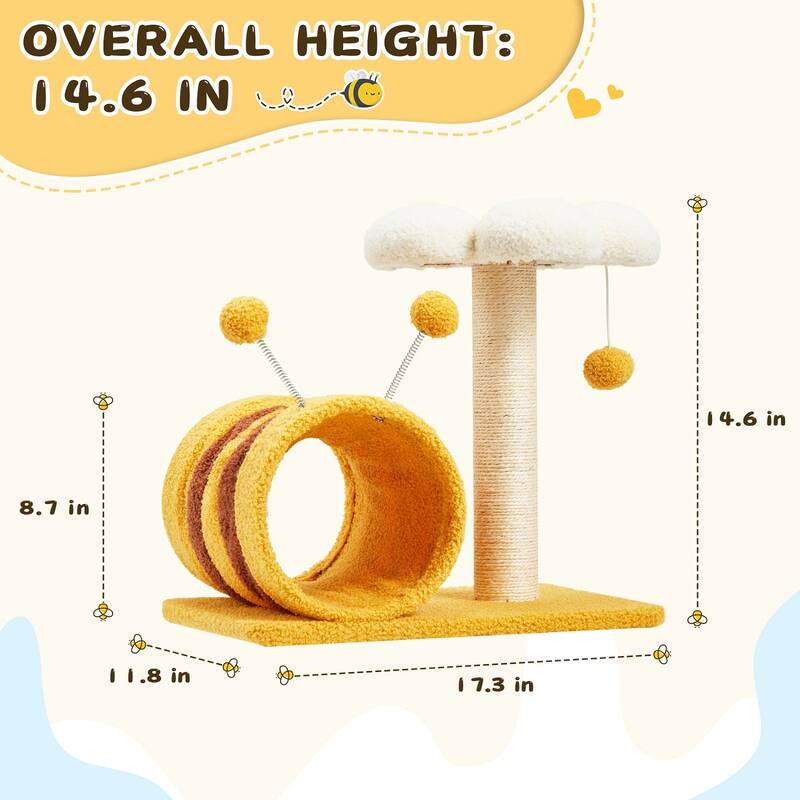 EROMMY 14.6 in Flower Cat Tree with Well-padded Perch, Cat Tower with Sisal Scratching Posts and Interactive Toys, Yellow