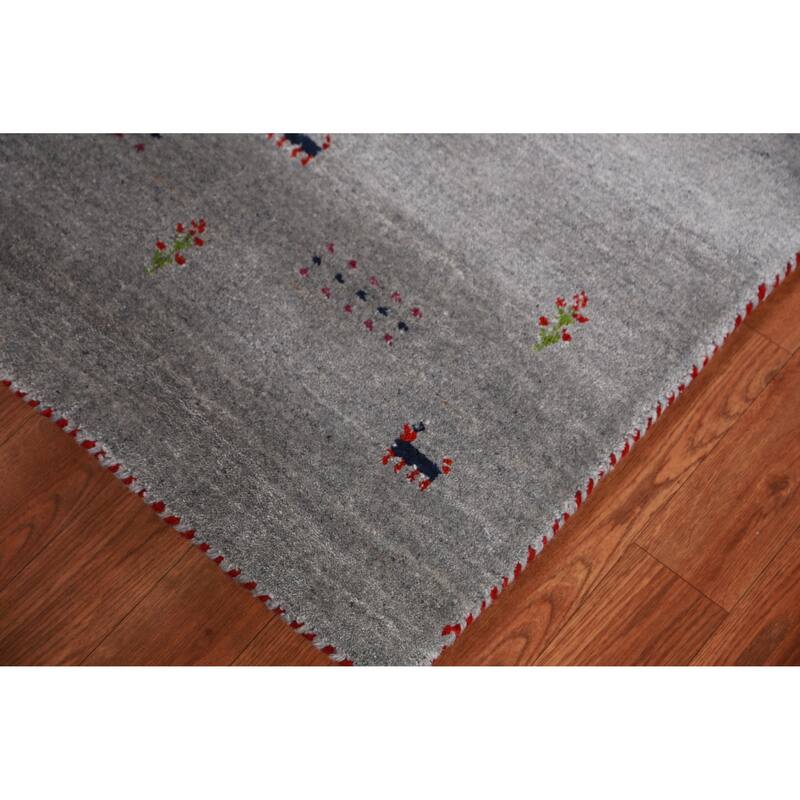 Hand Knotted Oriental 100% Wool Carpet Tribal Animal Pictorial Greys & Charcoal Gabbeh Runner Rug - 7' 9'' X 2' 7''