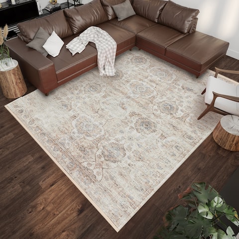 Addison Sterling Distressed Damask Power Loomed Area Rug