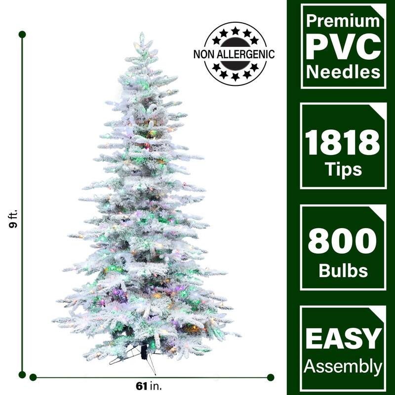 Fraser Hill Farm 9-Ft. Flocked Pine Valley Christmas Tree with Multi-Color LED String Lighting