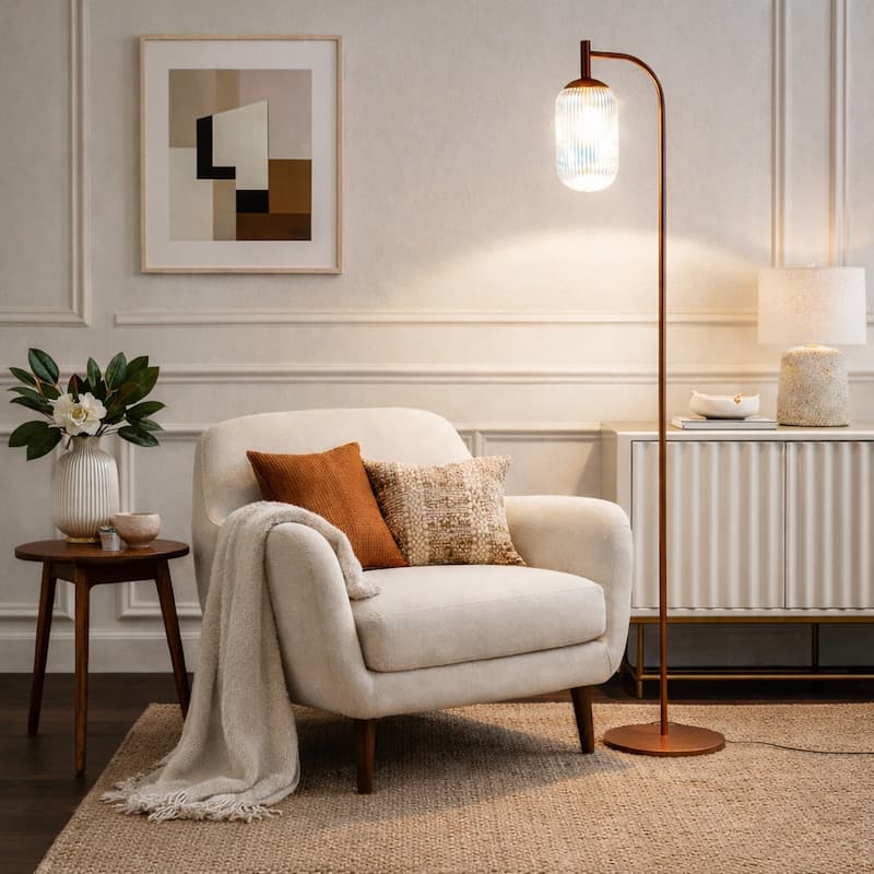 Emily Bronze Arched Floor Lamp with Ribbed Glass Shade - Gold