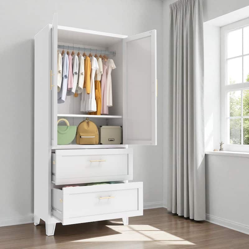 71" Metal Wardrobe Cabinet with Drawers and Hanging Rod, Steel Storage Closet with Shelf for Bedroom, Office & Entryway