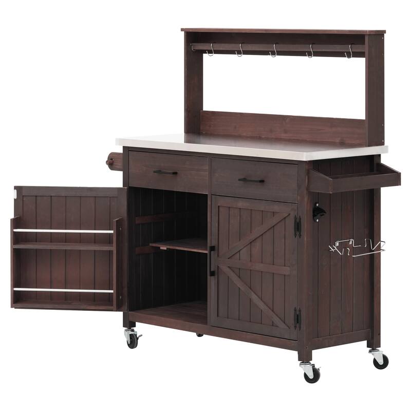 54.1" Outdoor Kitchen Island with High Shelf, Large Outdoor Potting Table with Top and Storage Cabinet, With Lockable Wheels