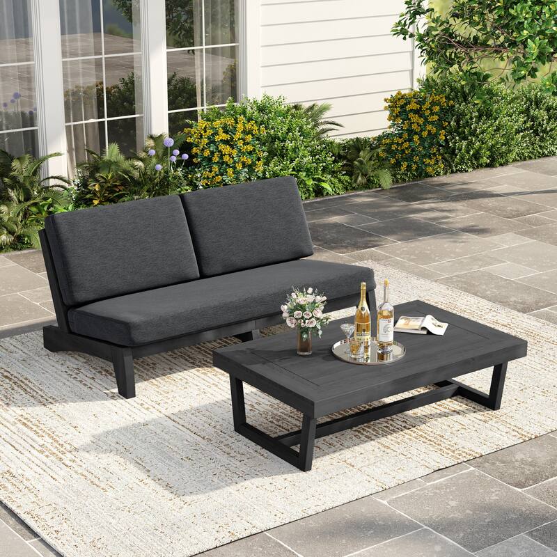 3 Seat Wood 64" W Cushioned Outdoor Patio Sofa with Coffee Table