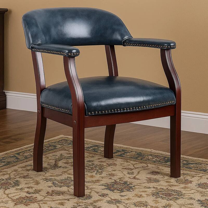 Elon Guest Chair with Brass Nailhead Trim, Mahogany Wood, Blue Vinyl