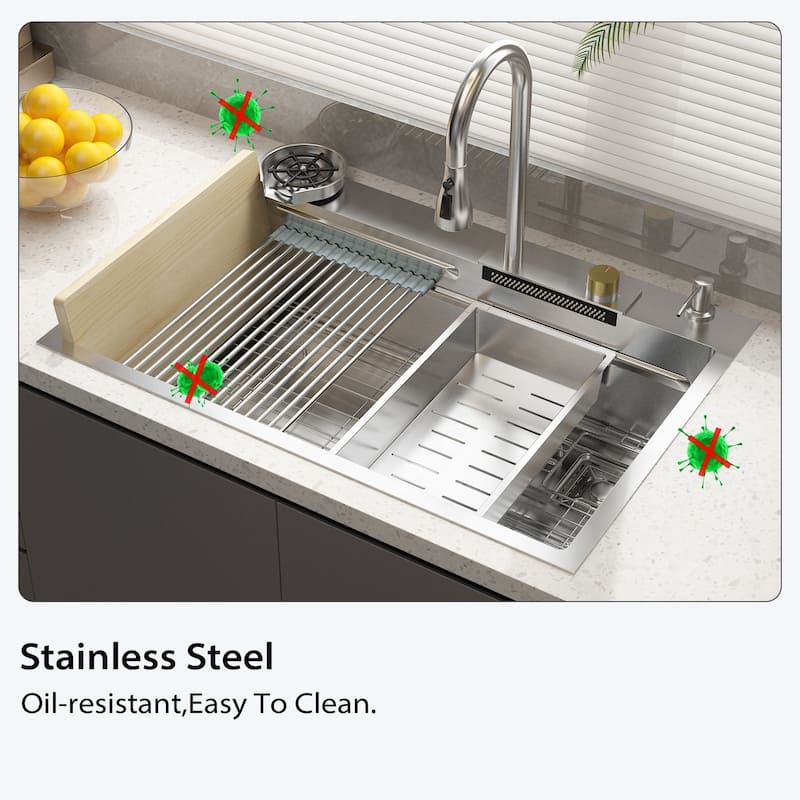 Single Bowl Kitchen Workstation Sink w/Accessories Kit 9 Accessories - Brushed