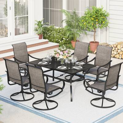 Outdoor Dining Set, 6 Patio Swivel Chairs Padded Sling Fabric and 60"x 38" Rectangule Dining Table with Umbrella Hole