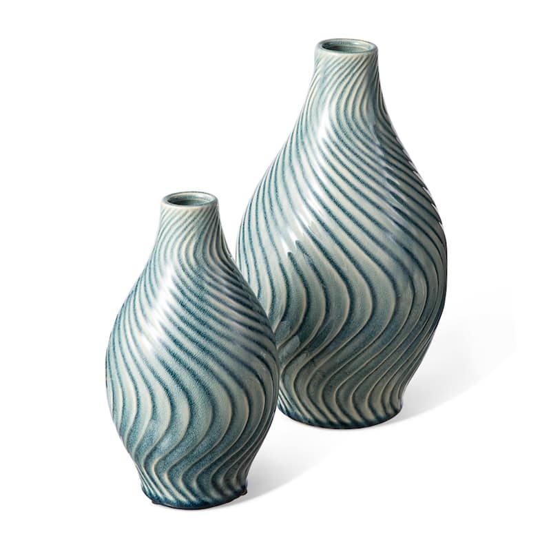 Glitzhome Modern Spiraling Artistry Turquoise Ceramic Table Vases(Set of 2 )