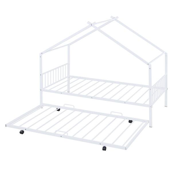 slide 2 of 14, Twin Size Metal House Bed with Twin Size Trundle, White White - Twin