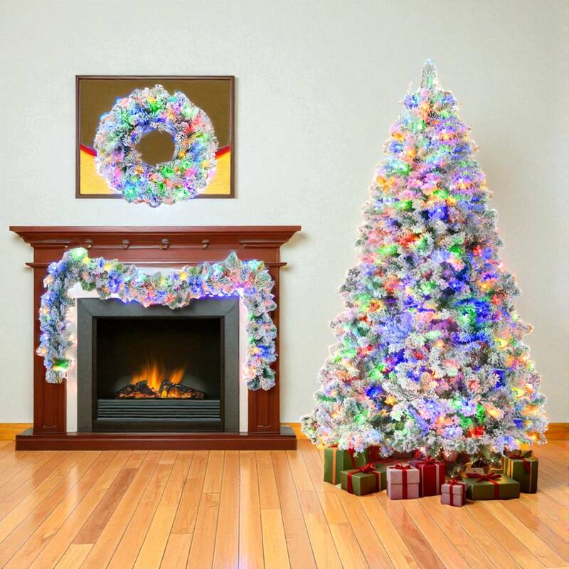 6ft Snow Flocked Pre-Lit Christmas Tree with Garland and Wreath, Hinged PVC Tree with LED Lights and Pine Cones - Green