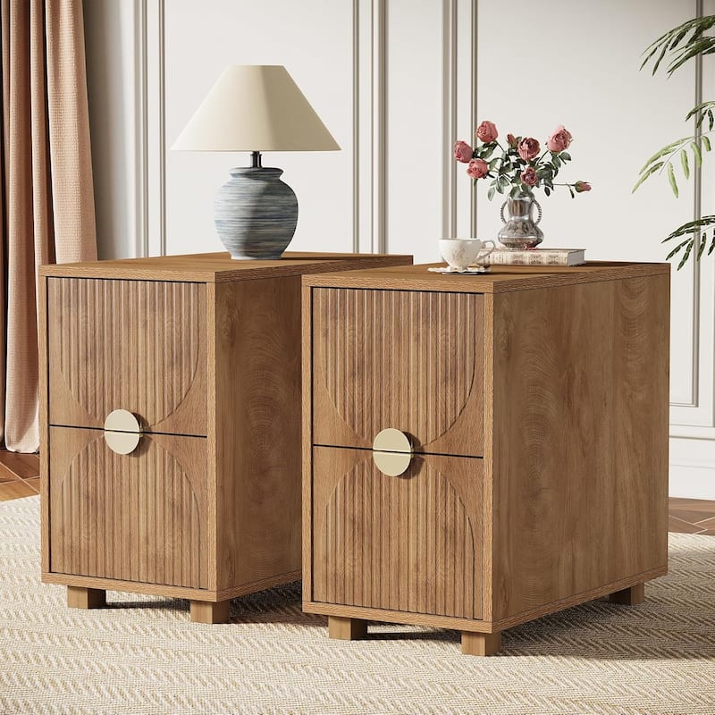 Nightstand with 2 Drawers, Mid Century Modern Bed Side End Table with Gold Metal Handles