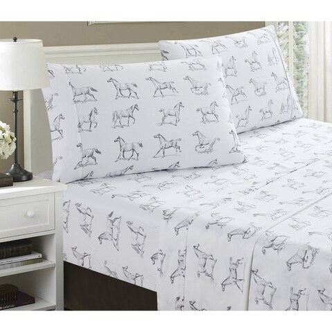 Printed Design Cotton Collection 400TC Pleat Horses Bed Sheet Set