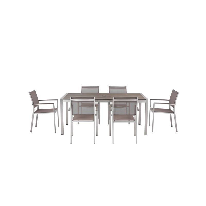 Fifi 7 Piece Dining Table Set, Gray Metal Frames, Smooth Textilene Fabric