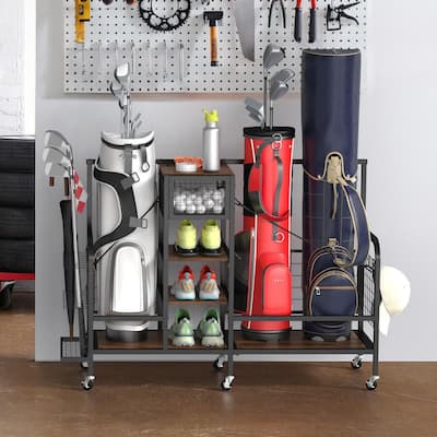 Multi-Functional Golf Bag Organizer for Garage with Wheels & Hooks