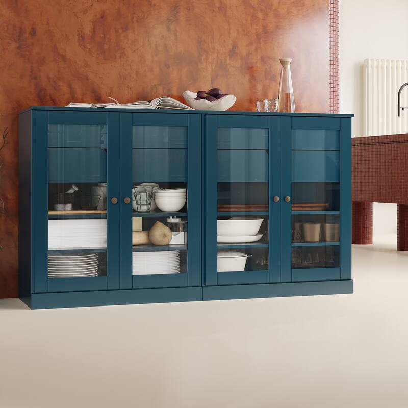 Palace Imports 100% Solid Wood 64" Sideboard with Clear Glass Doors, 4-Drawers and Adjustable Shelves - Teal Blue