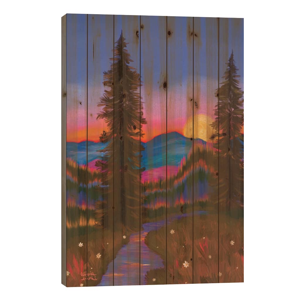 Sunset In The Woods Print On Wood by Olivia Bürki - Multi-Color