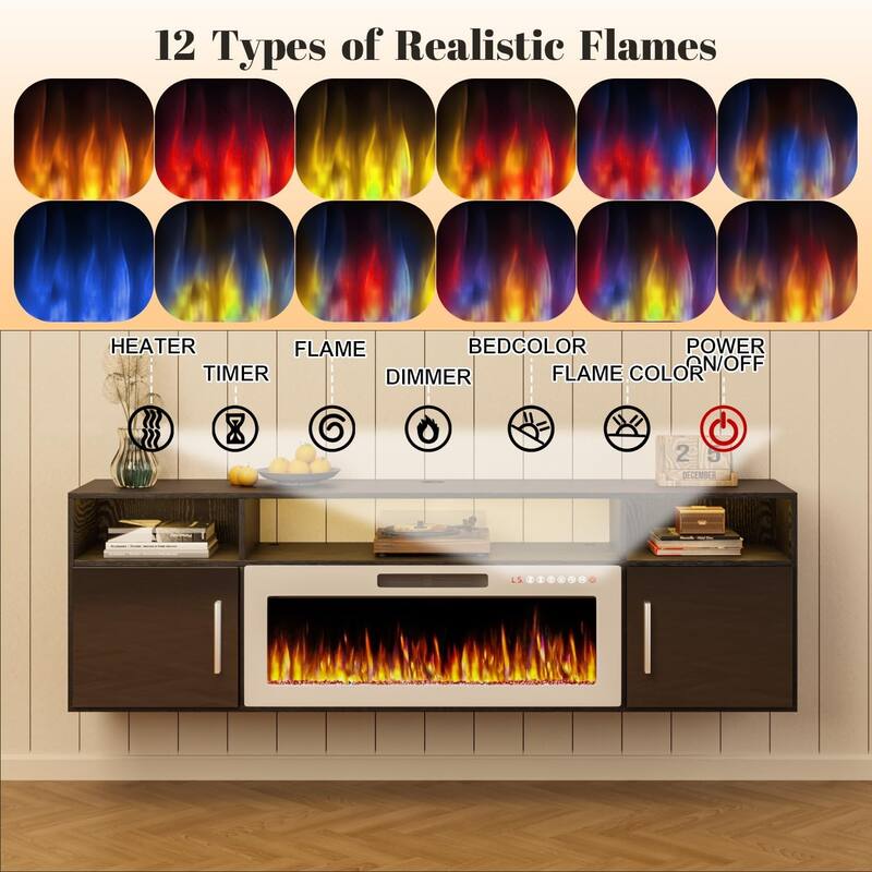 BOSSIN 70" Floating TV Stand with 36" Electric Fireplace, High Gloss Finish Wall Mounted Fireplace TV Stand with Storage