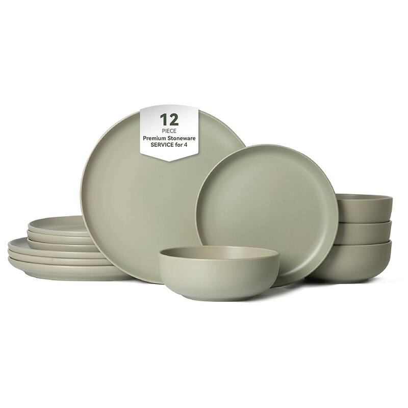 12PCS Stoneware Dinnerware Set, Microwave Dishwasher Safe Stackable - Green