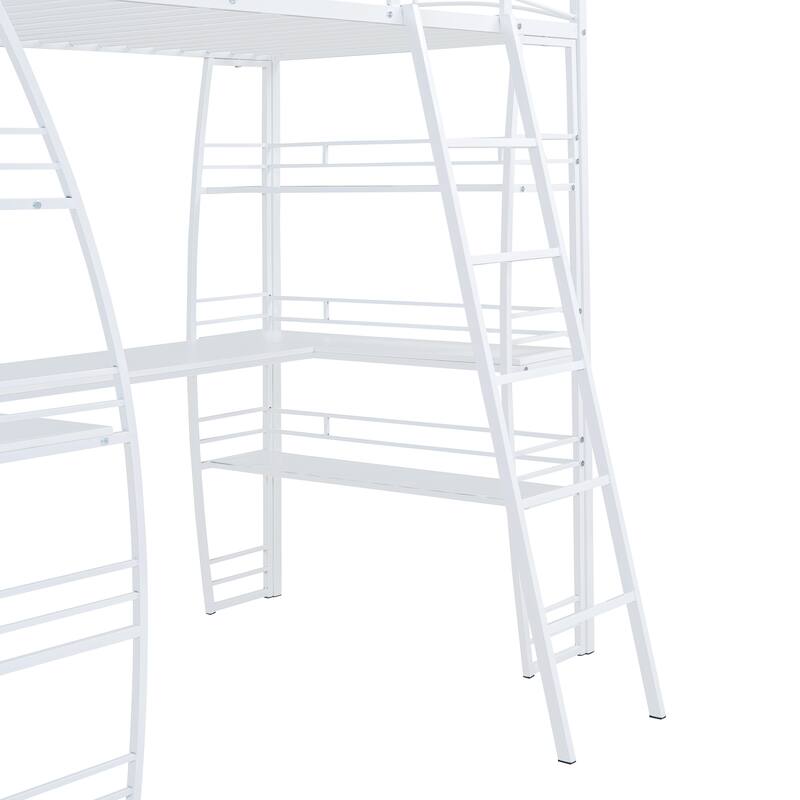 Full/Twin Loft Bed with L-Shaped Desk, 4 Storage Shelves, Sockets, USB Ports, Wireless Charging, and Metal Frame