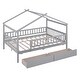 preview thumbnail 9 of 13, Gray Full Size Wooden House Bed with Two Drawers and Roof for Kids, Boys and Girls, Bedroom