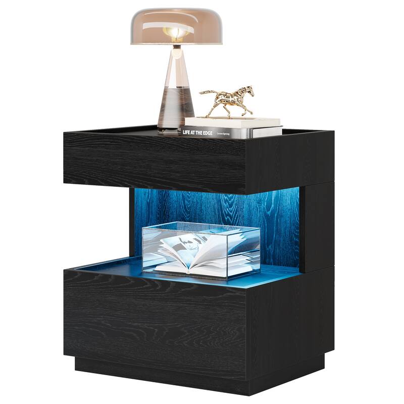 Modern LED Black Nightstand Wood Bedside End Table with 2 Drawers
