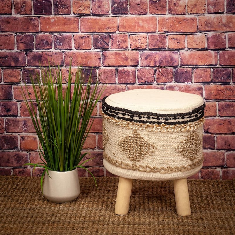 15.75" Beige Round Transitional Cotton Wooden Stool
