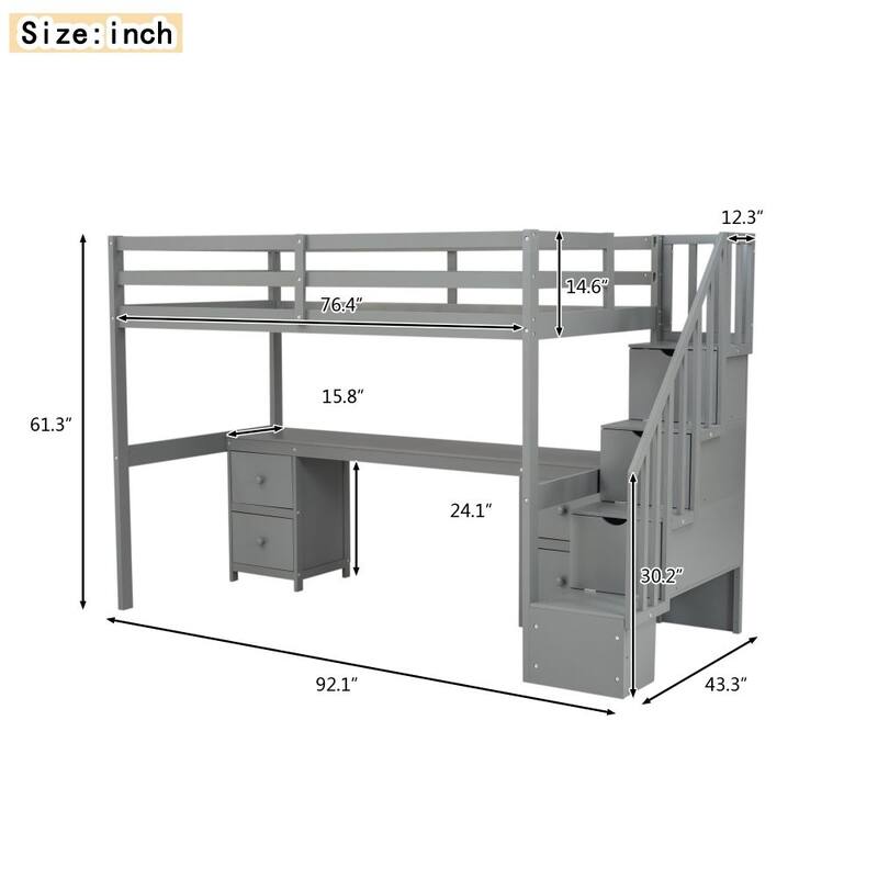 Twin Size Loft Bed Frame with Built-in Desk and Double Storage Drawers