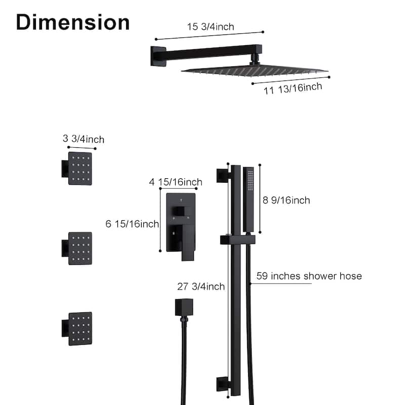 3-Function Shower System With 12" Ultra-Thin Square Shower Head,Body Jets And Hand Shower(Valve Included)