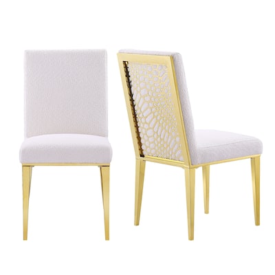 Luxurious White Boucle Dining Chairs with Polished Gold Metal Legs