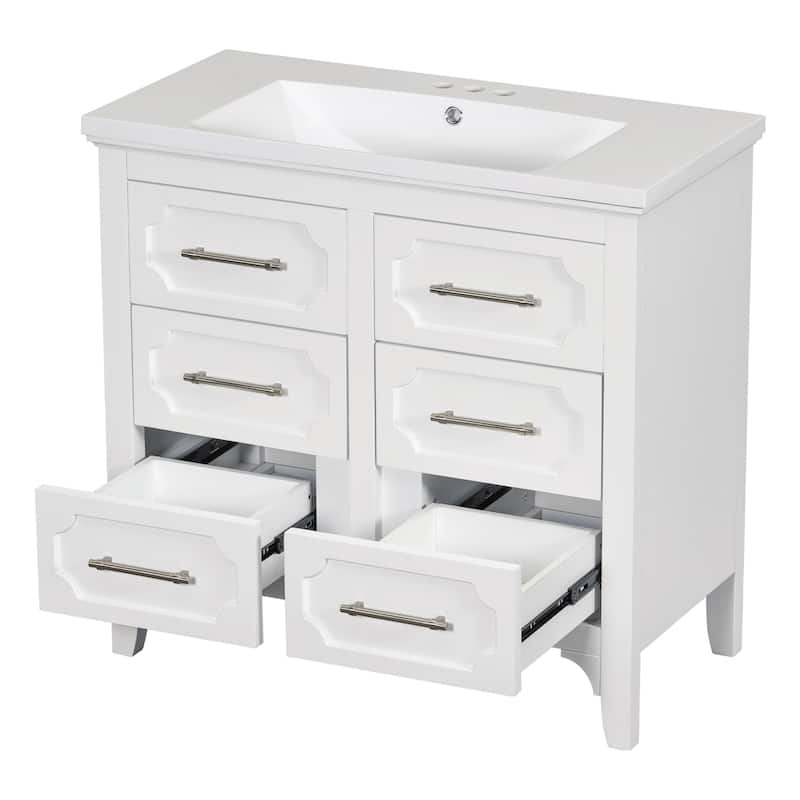 36'' White Bathroom Vanity Free Standing Single Vanity Set with Four Drawers