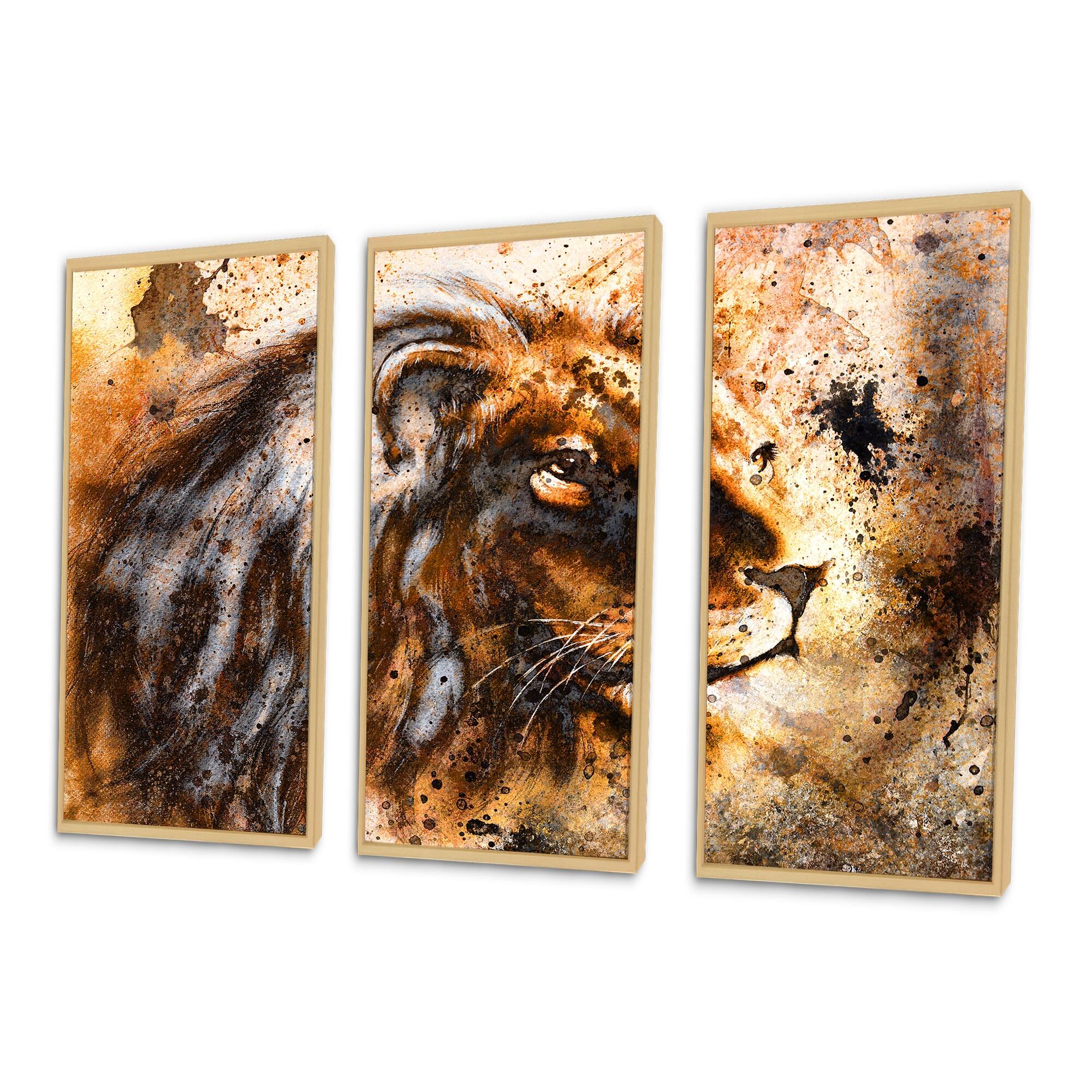 Designart "Lion Collage" Animal Framed Canvas Wall Art Set of 3 4