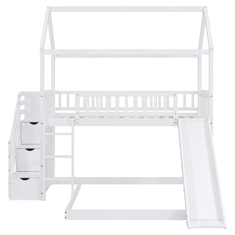 Twin Over Twin Pine House Bunk Bed with Drawers and Slide