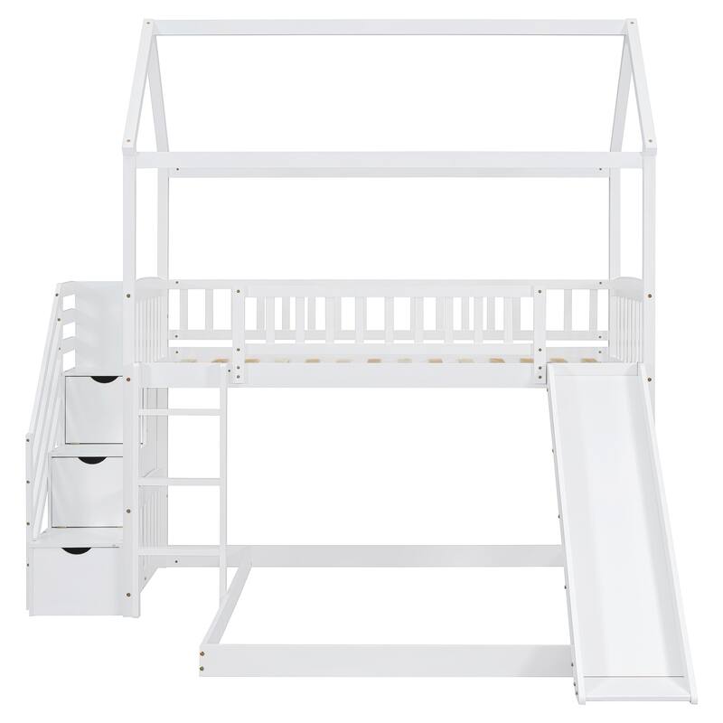 White Twin Over Twin Pine House Bunk Bed with Drawers and Slide