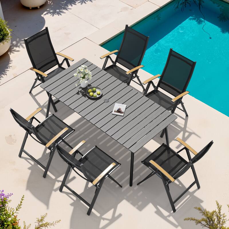 7-Piece Outdoor Patio Dining Set WPC Table Top Alumium Umbrella Hole Table with Folding Armrest Chairs