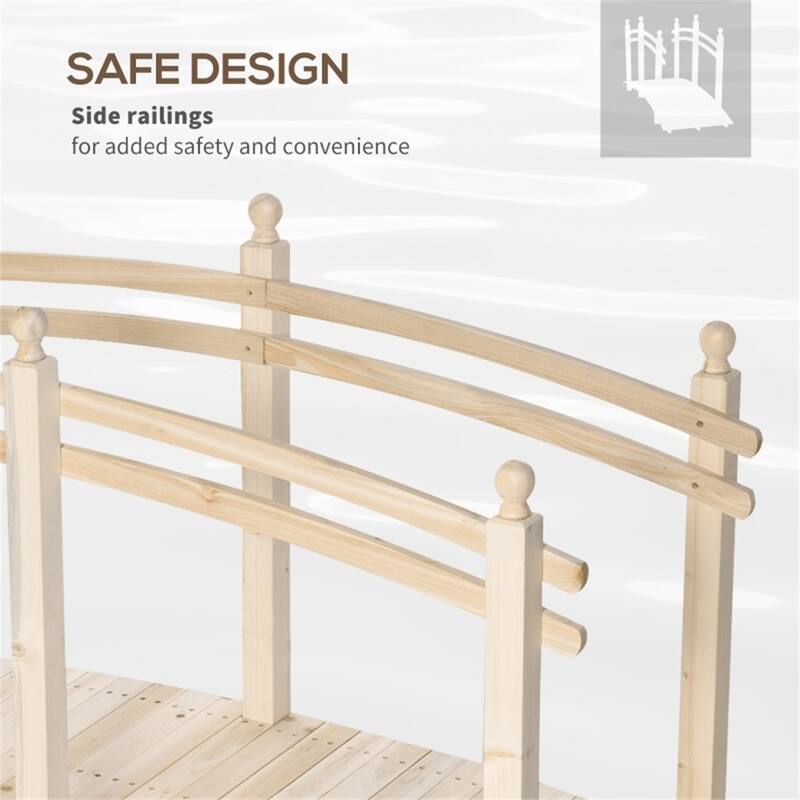 Solid Fir Wood Arch Garden Bridge with Side Rails for Gardens Ponds and Walkways Varnished Finish 505 lbs Capacity