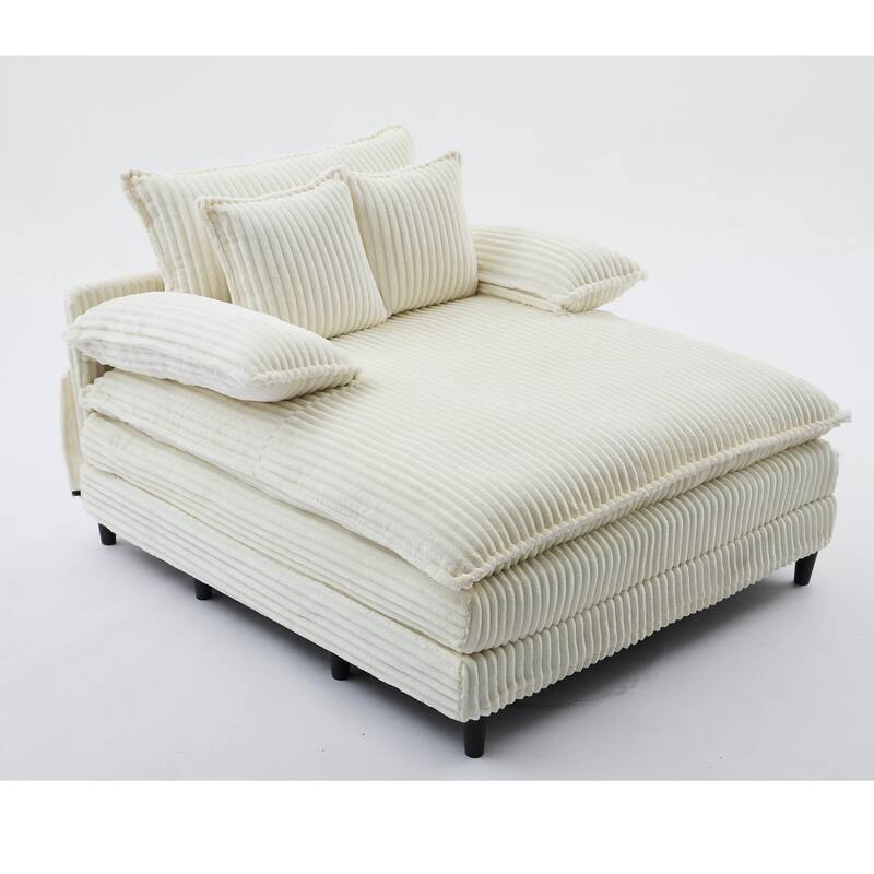 Corduroy Oversized Chaise Lounge with 4-Position Adjustable Backrest, 2 Pillows & 300lb Capacity - Convertible Sofa Bed