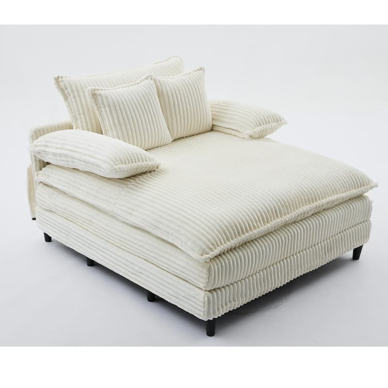 Reclining Sleeper Sofa Bed Single Chaise Lounge Corduroy Upholstered Lounge Couch Chair with Adjustable Backrest and Pillows
