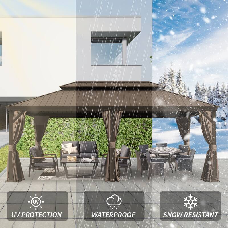 14' X 20' Hardtop Gazebo with Drainage System, Galvanized Steel Roof, Curtains & Netting, Outdoor Shelter for Patio, Garden