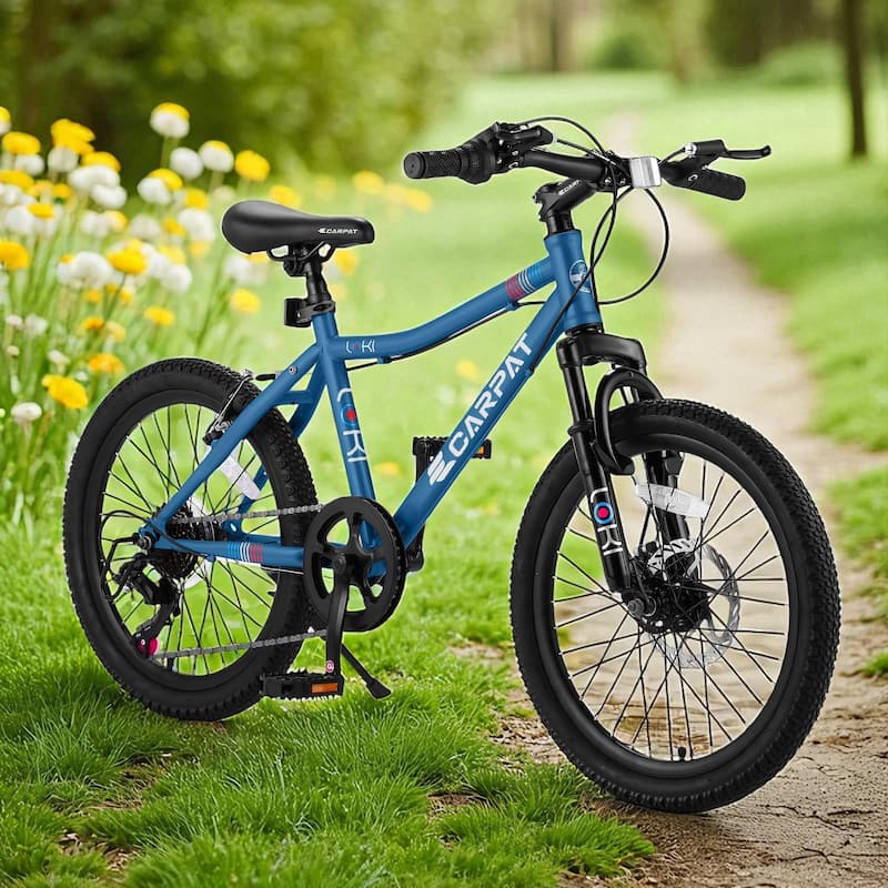 20 Inch Kids Mountain Bike for Boys & Girls Ages 6-12, 7-Speed Steel Frame with Front Suspension & Disc Brakes - Blue
