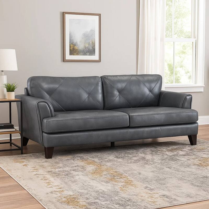 Lisa 88 Inch Sofa, Gray Top Grain and Split Leather, Brown Solid Wood