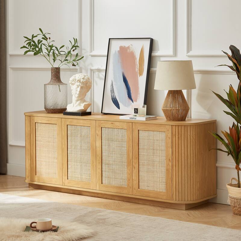 64" Wave-Shaped Entertainment Center‌ – Curved Corner Sideboard with Rattan Doors & Vertical Wood Stripes - 64''W x 15''D x 24''H